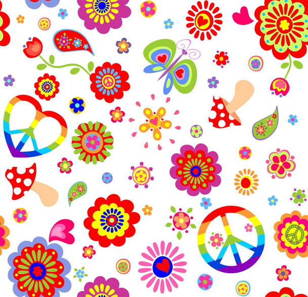 Childish wallpaper with colorful hippie peace symbol, butterfly, mushroom and abstract flowers - Vector, Image