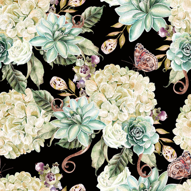 Bright watercolor seamless pattern with flowers hydrangea, rose and succulents. - Fotó, kép