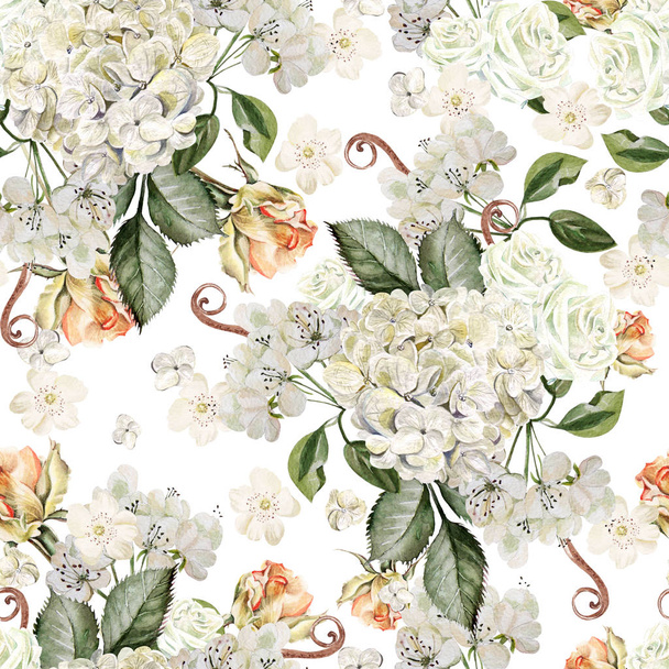 Bright watercolor seamless pattern with flowers roses, wild flowers and hydrangea. Illustration - Φωτογραφία, εικόνα