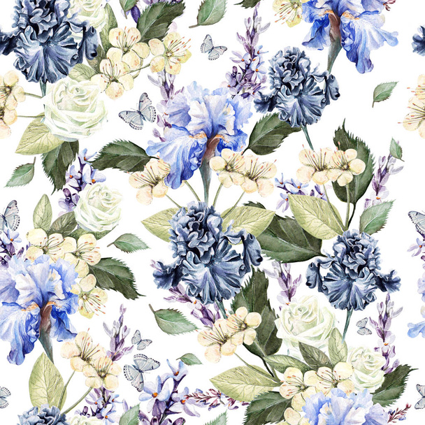 leuchtend buntes Aquarellmuster mit Blumen Iris, Rose und Lavendel. - Foto, Bild