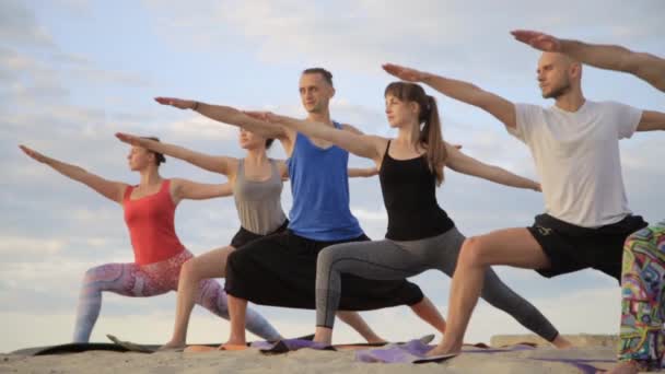 Mixed race group of people exercising yoga healthy lifestyle fitness warrior poses - Footage, Video