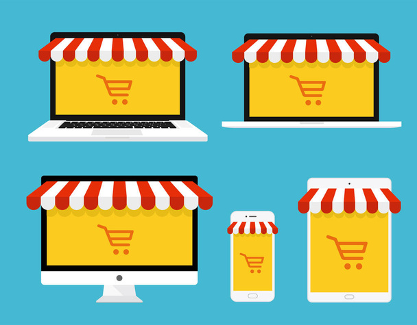 Il concetto di shopping online. Computer, laptop, smartphone e tablet con tenda - sfondo vettoriale
. - Vettoriali, immagini