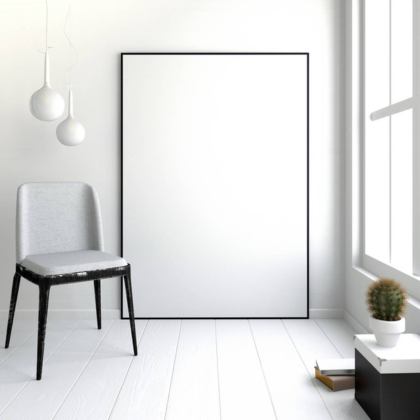 3d illustration, modern interior with frame, poster and chair. p - 写真・画像
