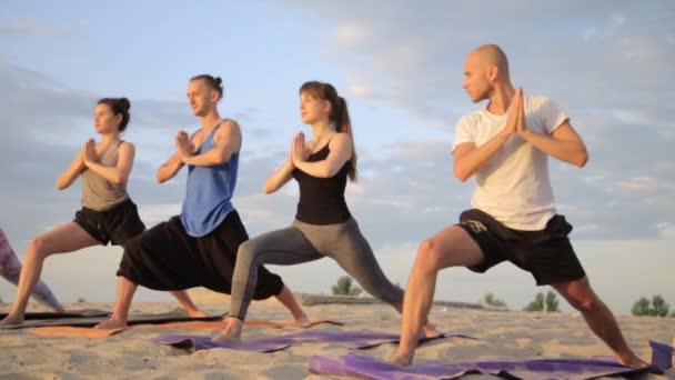 Mieszanej rasy grupa ludzi, ćwiczenia jogi wojownik fitness zdrowego stylu życia - Materiał filmowy, wideo