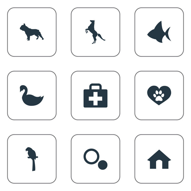 Vector Illustration Set Of Simple Zoo Icons. Elements Doghouse, Wildlife, English Purebred And Other Synonyms Bird, Bulldog And Seafood. - Вектор,изображение