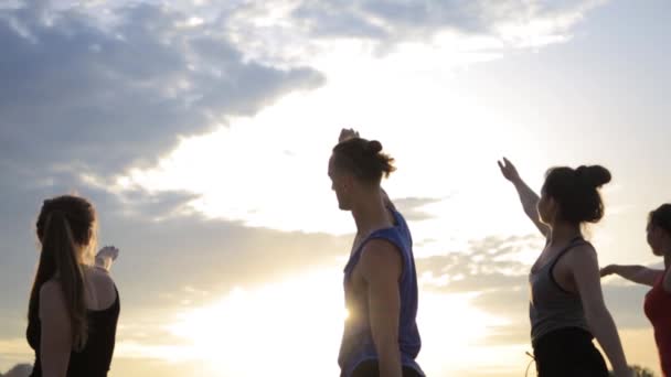 Grupo mixto de personas que practican yoga estilo de vida saludable fitness warrior poses
 - Metraje, vídeo