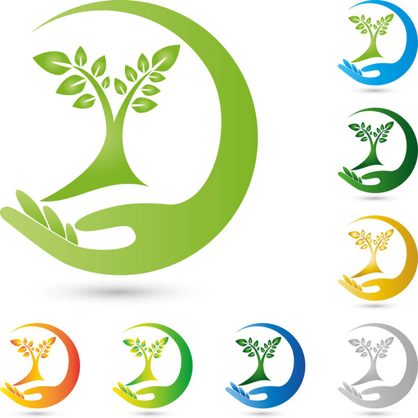 木、植物と手、庭師、自然のロゴ - ベクター画像