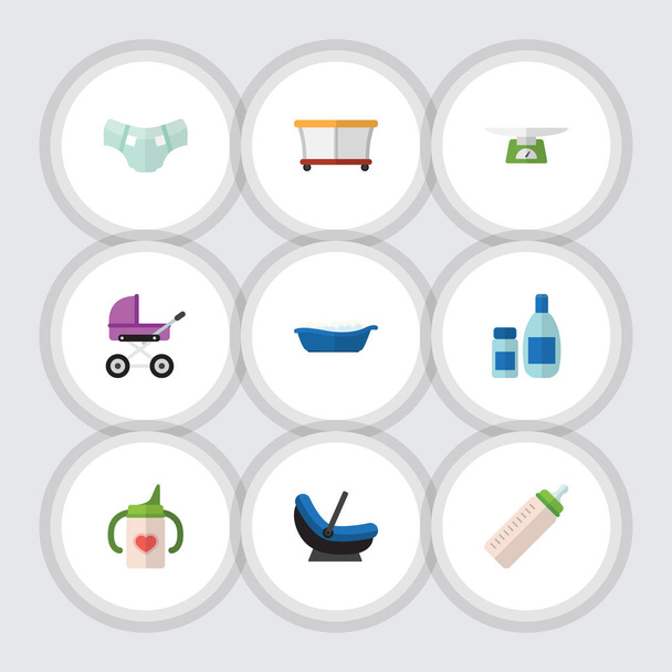 Flat Icon Child Set Of Stroller, Bathtub, Nappy And Other Vector Objects. Also Includes Nappy, Cream, Weighing Elements. - Vector, Image