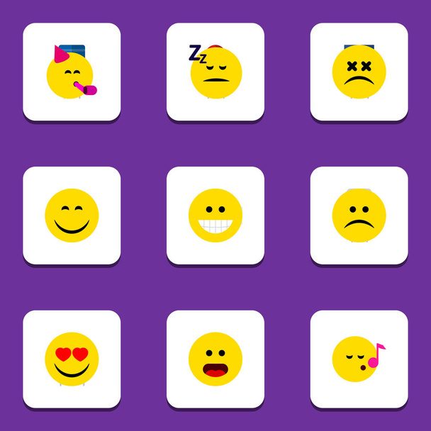 flache Symbol-Emojis mit absteigenden, traurigen, schlafenden und anderen Vektorobjekten. enthält auch Emoticon, Schlaf, Emoji-Elemente. - Vektor, Bild