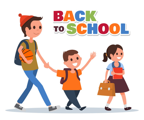 Group of kids with backpacks go to school. Flat colorful illustration. Cartoon style. Vector eps 10. - Vektör, Görsel