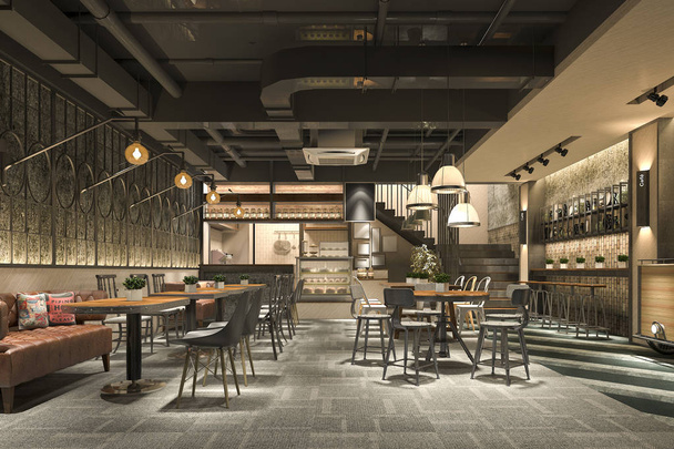 3d renderöinti parvi ja ylellinen hotelli vastaanotto ja kahvila lounge ravintola - Valokuva, kuva