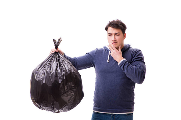 Человек с мешком для мусора изолирован на белом - Фото, изображение