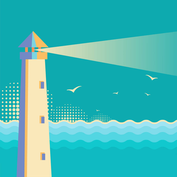 Lighthouse vintage poster.Vintage sea waves background - Vettoriali, immagini