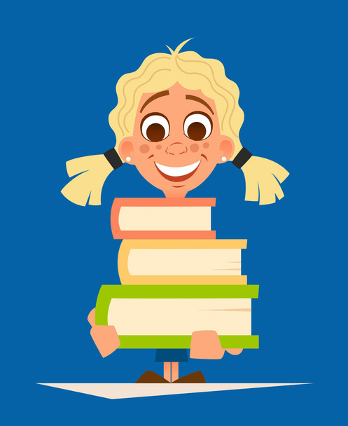 Happy χαμόγελο μικρό κορίτσι μαθήτρια εκμετάλλευση σωρό των βιβλίων - Διάνυσμα, εικόνα