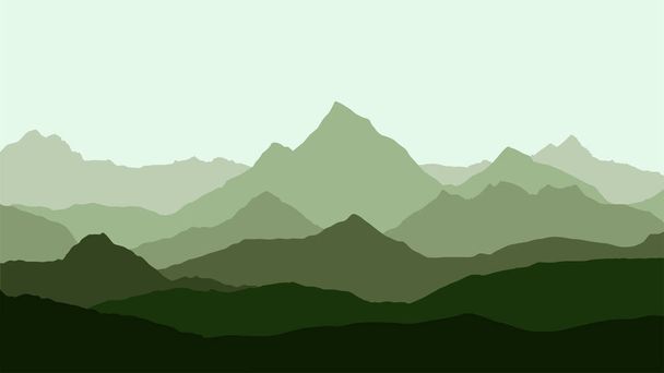 Panoramablick auf die Berglandschaft mit Nebel im Tal unten mit dem alpenglühend grünen Himmel und der aufgehenden Sonne - Vektor - Vektor, Bild