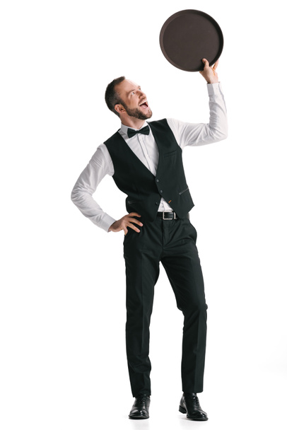 happy waiter in suit with tray - Zdjęcie, obraz