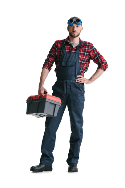 строительный работник с ящиком инструментов
 - Фото, изображение