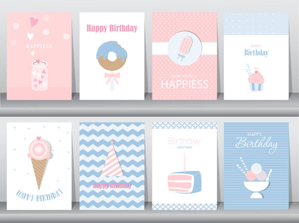 Σειρά από κάρτες γενεθλίων, αφίσα, πρότυπο, ευχετήριες κάρτες, κέικ, παγωτά, εικονογραφήσεις φορέα - Διάνυσμα, εικόνα