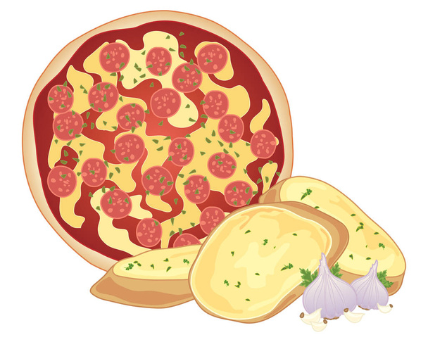 pizza and garlic bread - Vector, afbeelding
