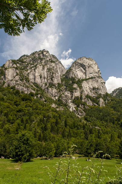 Italië: panoramisch uitzicht op de vallei van de Mello, Val di Mello, een groene vallei, omgeven door granieten bergen en bos bomen, omgedoopt tot de kleine Italiaanse Yosemite vallei door de minnaars van de aard - Foto, afbeelding