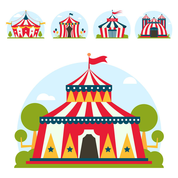 Цирковое шоу шатер шатер шатер открытый фестиваль с полосками и флагами изолированные карнавальные знаки
 - Вектор,изображение