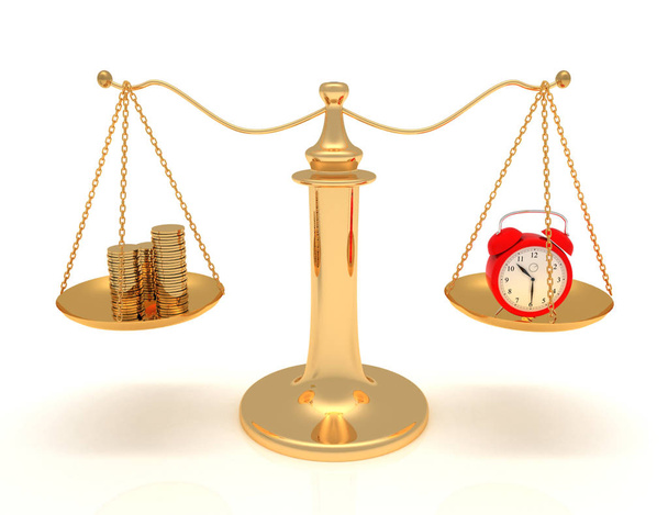 time is money concept . scales and clock and money . 3d rendered - Photo, Image