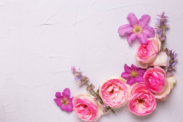 Violet clematis and pink roses flowers - Foto, Imagem