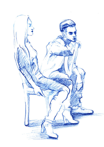 Vector ołówek na białym tle sylwetka dziewczyna i facet siedzi - Wektor, obraz