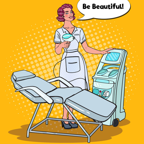 Clínica de beleza de tratamento de pele profissional. Pop Art Cosmetologist mulher com máquina de remoção a laser
 - Vetor, Imagem