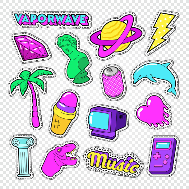 Vaporwave Style Doodle. Неоновые стикеры, значки и пластыри с сердцем, мороженое и пальмовое дерево
 - Вектор,изображение