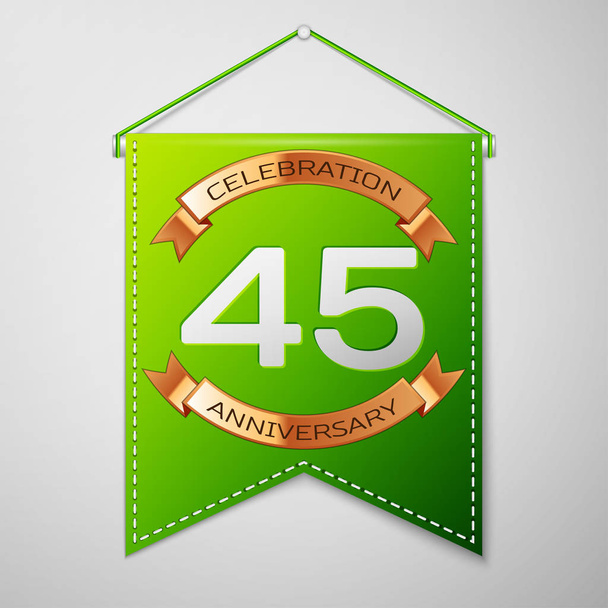 灰色の背景の碑文 40 5 年記念日のお祝いのデザインと現実的な緑のペナント。ゴールデン リボン。あなたの誕生日パーティーのためのカラフルなテンプレート要素。ベクトル図 - ベクター画像