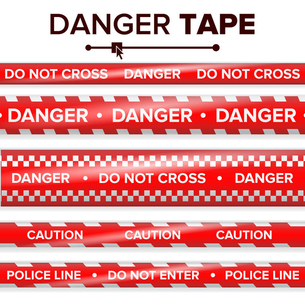 危険テープ ベクトル。赤と白。警告テープ ストリップ。現実的なプラスチック警察危険テープ セット分離の図 - ベクター画像