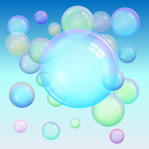 Colorful background of realistic transparent colorful soap bubbl - Vector, Imagen