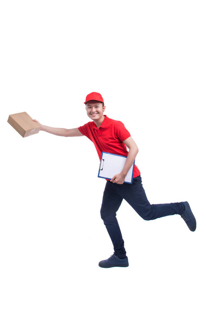 Portrait of delivery man service happily delivering package to c - 写真・画像