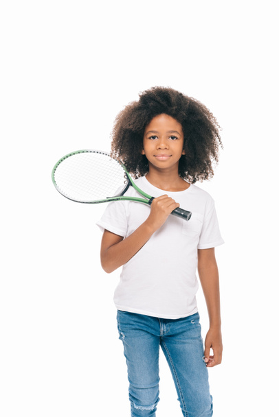 afro-amerikai lány teniszütő - Fotó, kép