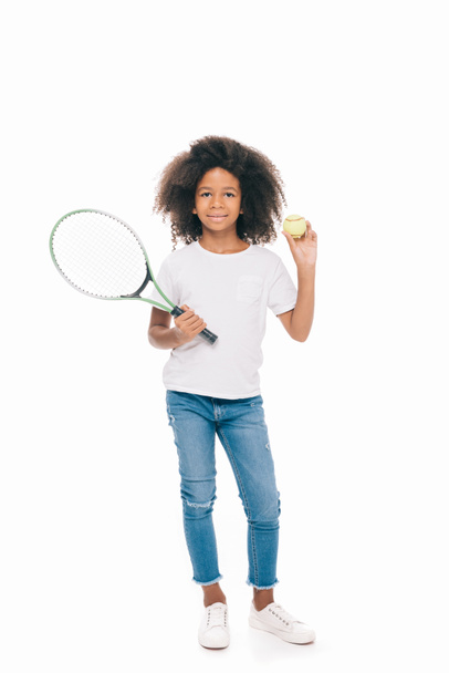 african american girl with tennis racquet - Фото, изображение