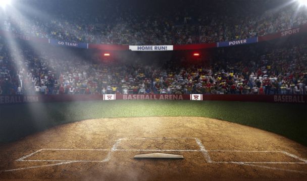 Vista lateral profissional da arena de beisebol em luzes 3D renderização
 - Foto, Imagem