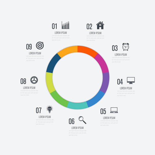 Infographics template 9 options with circle - Vector, Imagen