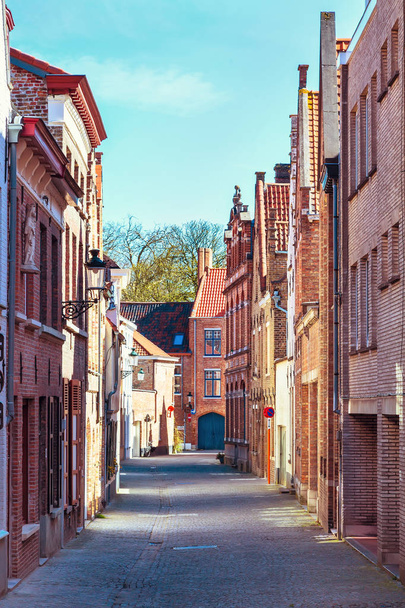 Cadde görünümü ile Ortaçağ geleneksel evler, Bruges, Belguim insanlarda - Fotoğraf, Görsel