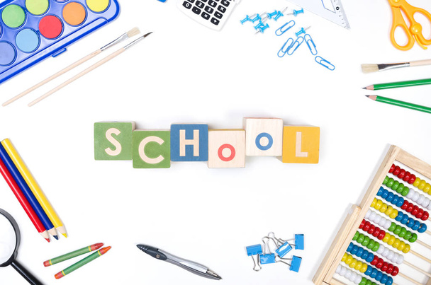 School supplies on white background - Foto, afbeelding