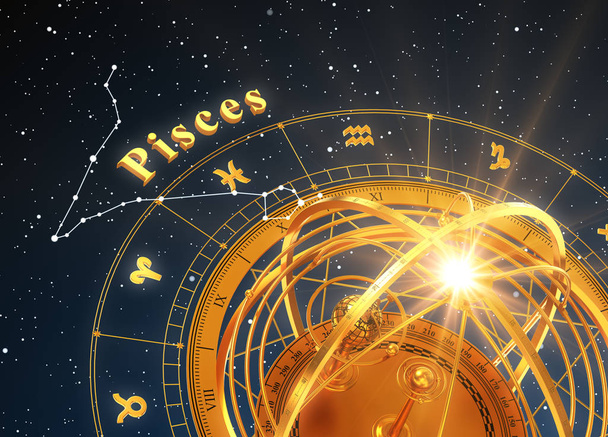 Signo de zodíaco Piscis y esfera armilar sobre fondo azul
 - Foto, imagen