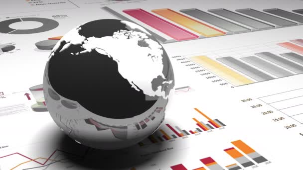 4k, obracanie ziemi modelu na wykresy kołowe finansów & diagramy trendów biznesowych. - Materiał filmowy, wideo
