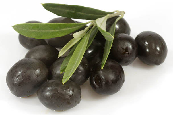 Olives noires avec branche d'olivier
 - Photo, image