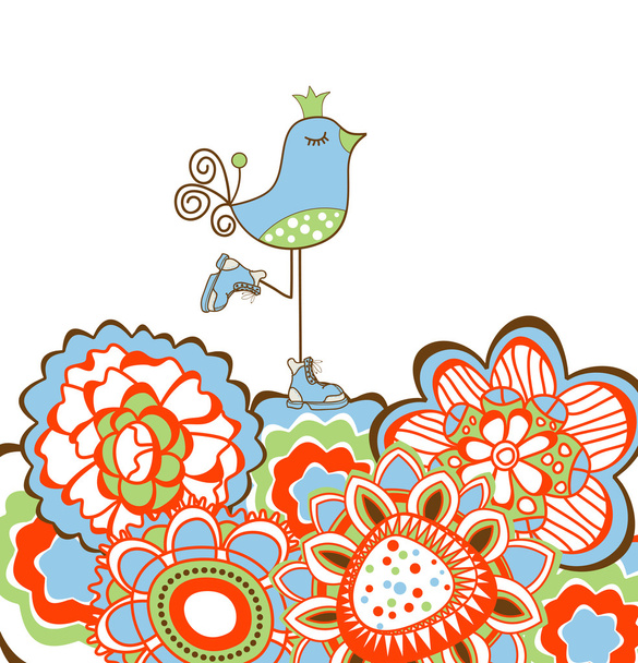λουλούδια και πουλί διακόσμηση - Διάνυσμα, εικόνα