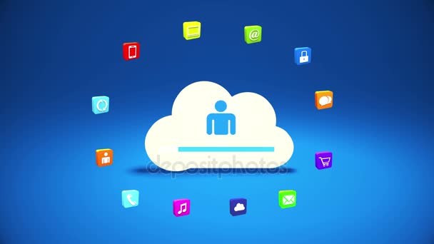 4 k Internetu koncepce, ikony služeb online, sociální média kolem cloudového úložiště. - Záběry, video