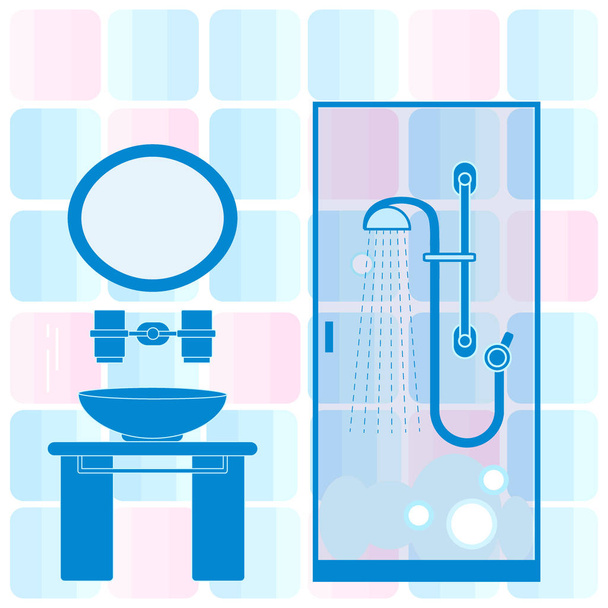 Cute vector illustration of bathroom interior design: shower cab - Vetor, Imagem