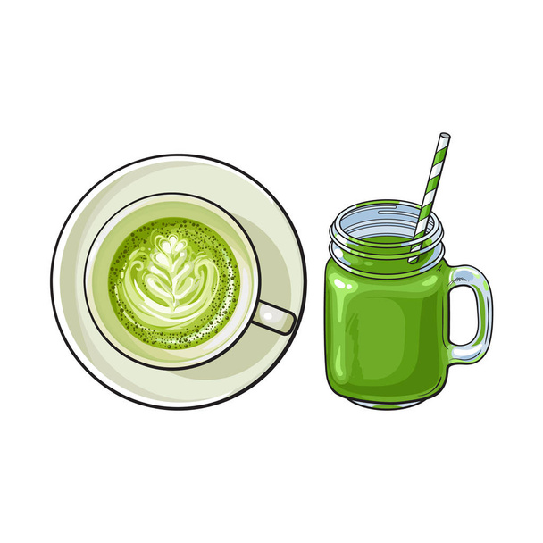 Matcha green tea latte and smoothie drinks - Διάνυσμα, εικόνα