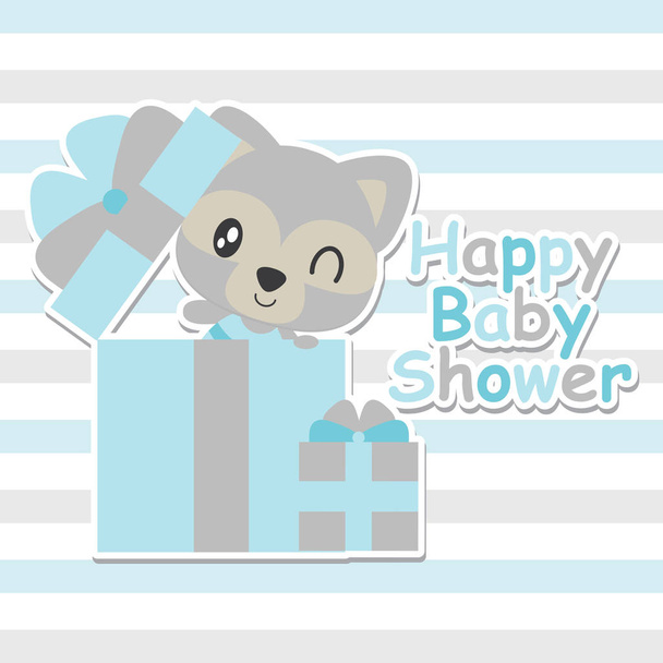 Cute baby raccoon in gift box vector cartoon illustration for baby shower card design - Vector, Image