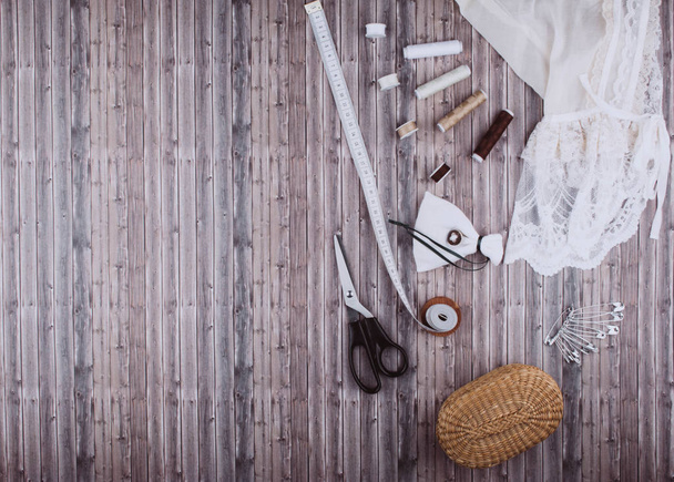 Background with sewing tools and accessories. - Foto, Imagen