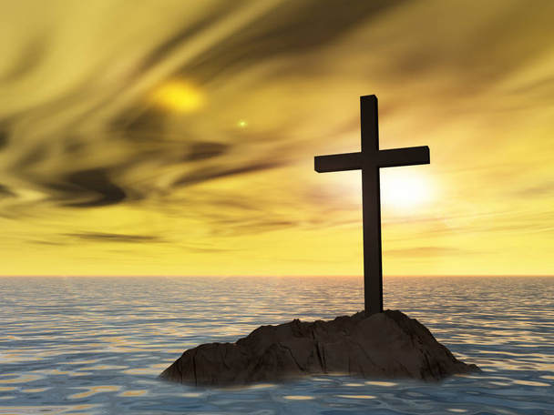 christian cross standing on a rock  - Photo, Image